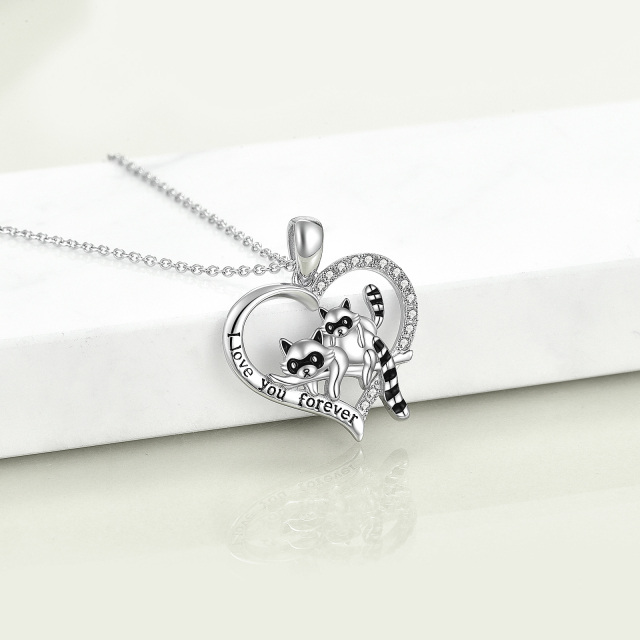 Sterling Silver Round Zircon Raccoon & Heart Pendant Necklace with Engraved Word-3