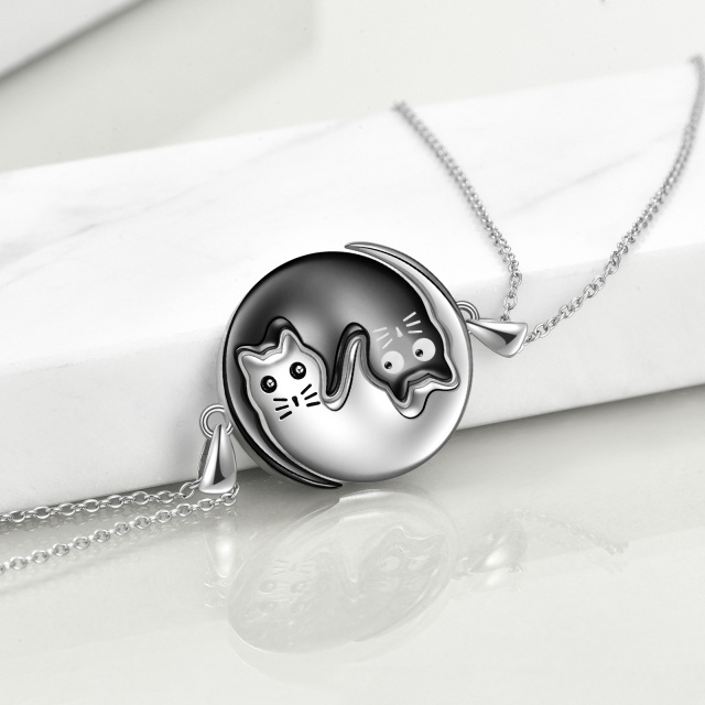 Sterling Silver Two-tone Cat & Yin Yang Pendant Necklace-1