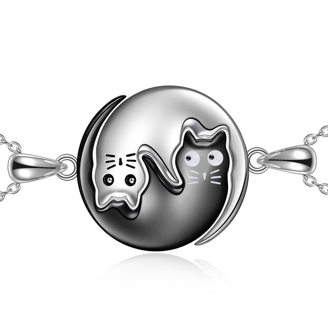 Sterling Silver Two-tone Cat & Yin Yang Pendant Necklace-0