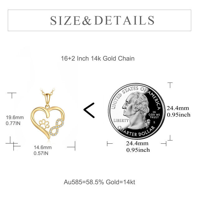 Colar com pingente de zircónio cúbico em ouro de 14 quilates com símbolo de pata e coração-5