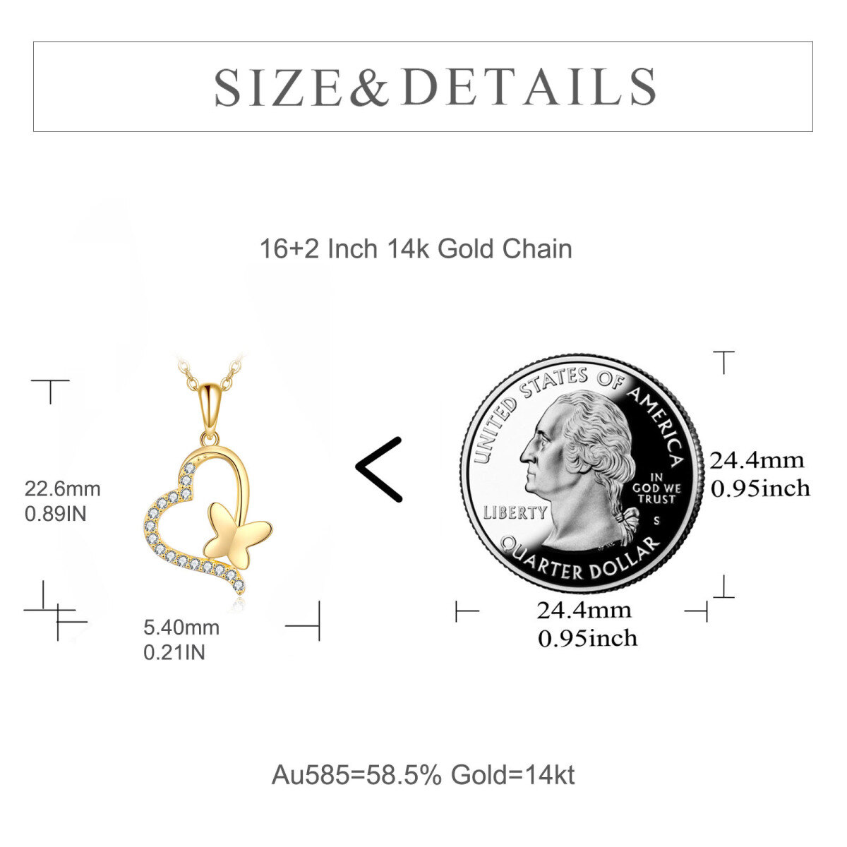 14K Gold Cubic Zirkonia Schmetterling & Herz Anhänger Halskette-6