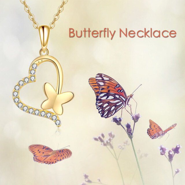 Collier en or 14K avec pendentif papillon et coeur en zircon cubique-4