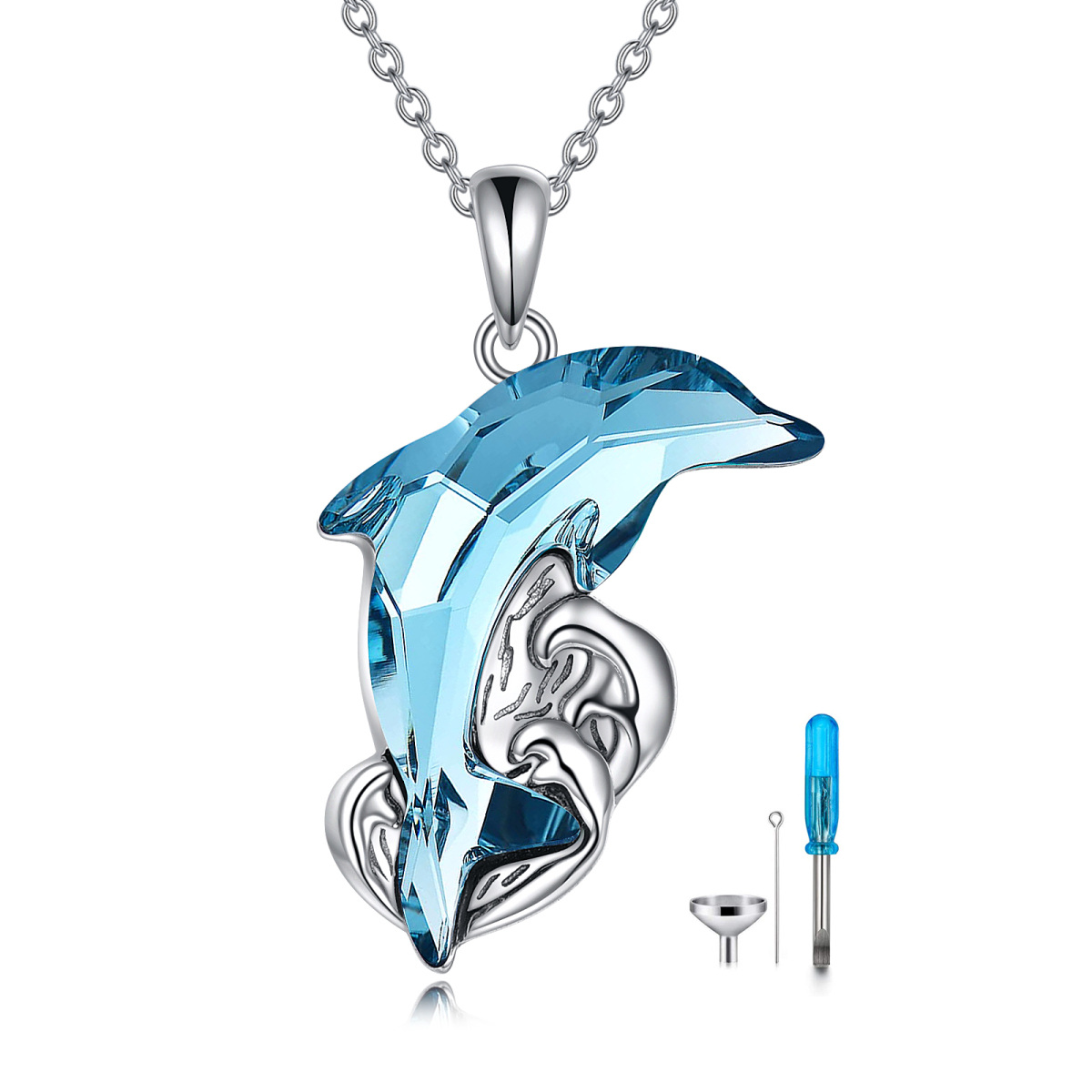 Sterling Silver Crystal Dolphin & Spray Urn Necklace for Ashes-1
