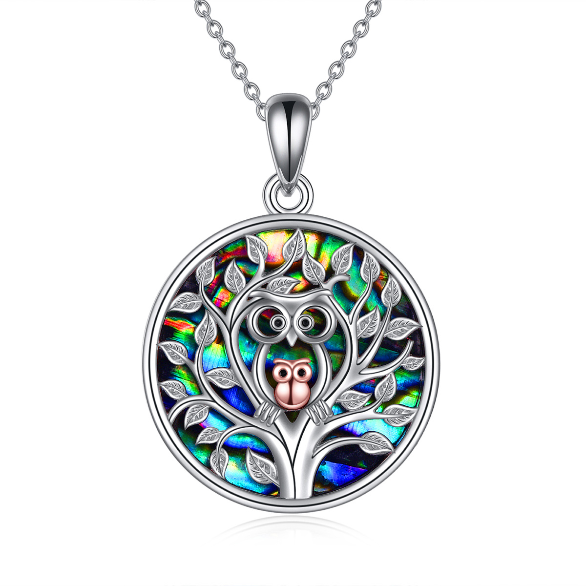 Sterling Silver Two-tone Round Abalone Shellfish Owl Pendant Necklace-1