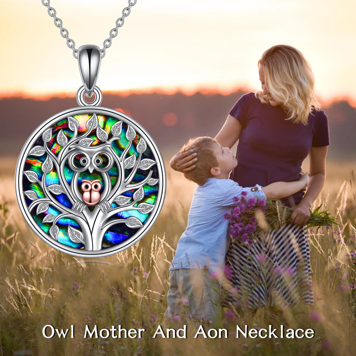 Sterling Silver Two-tone Round Abalone Shellfish Owl Pendant Necklace-6