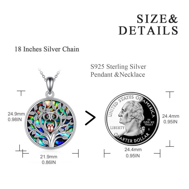 Sterling Silver Two-tone Round Abalone Shellfish Owl Pendant Necklace-4