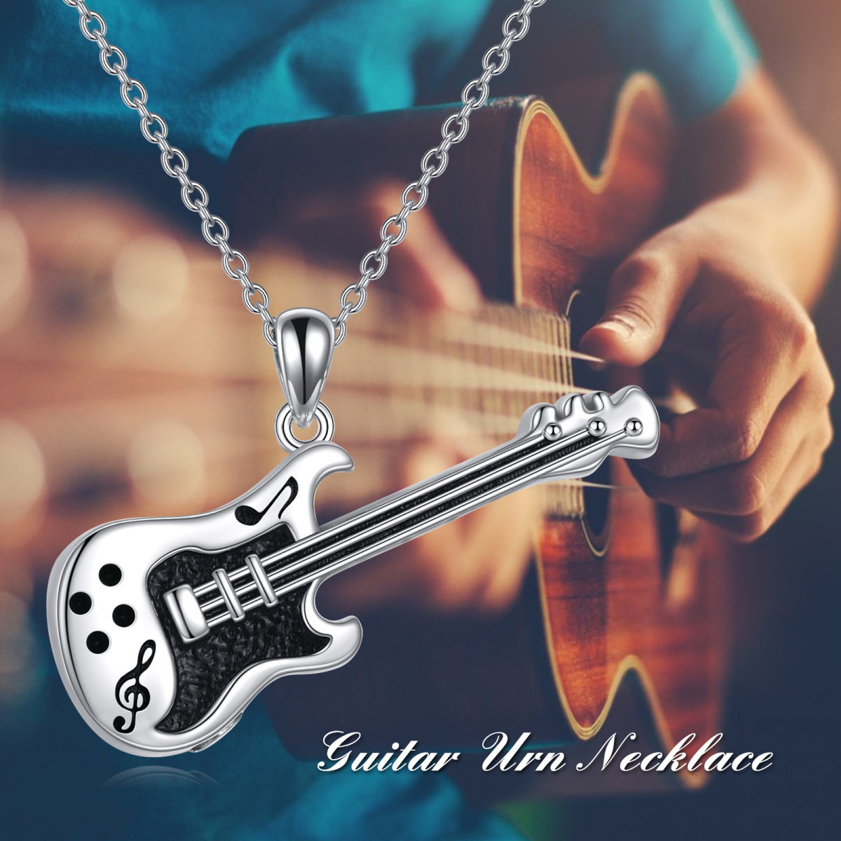 Sterling Silver Guitar Urn Necklace for Ashes with Engraved Word-6