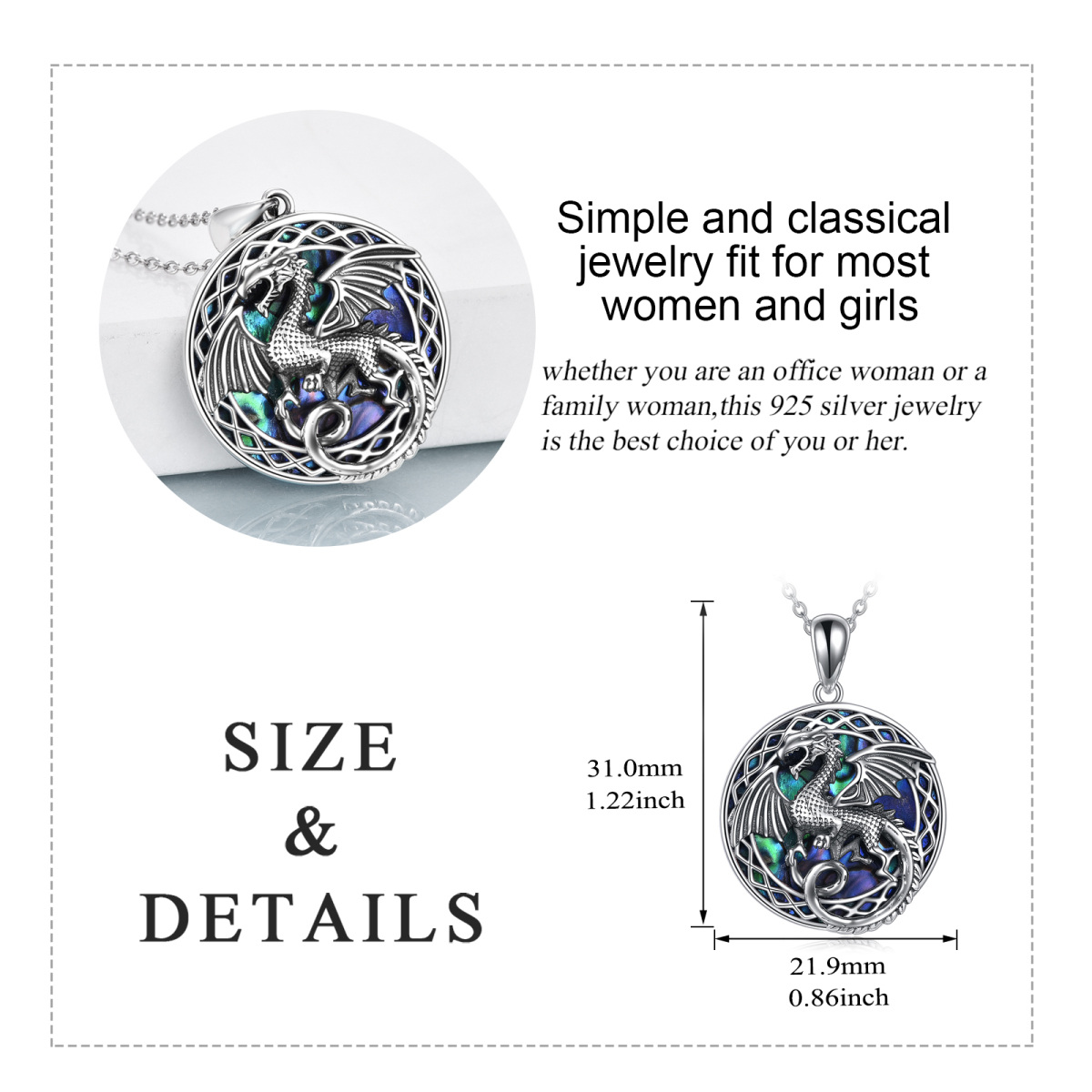 Sterling Silver Circular Shaped Abalone Shellfish Dragon Pendant Necklace-5
