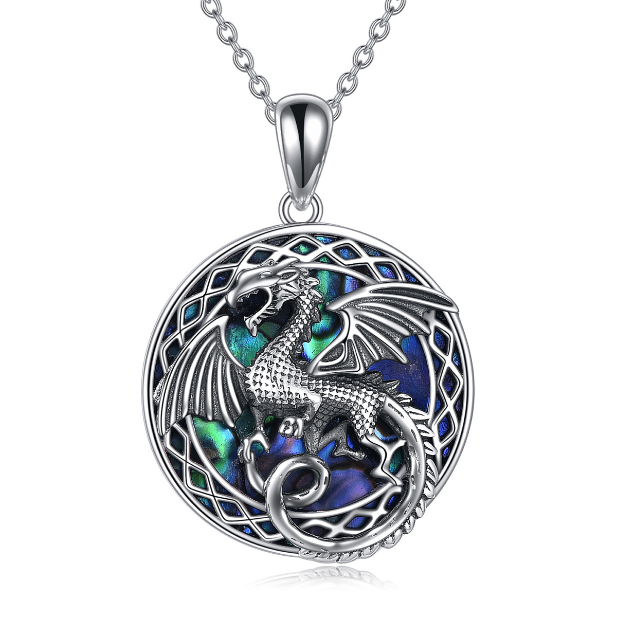 Sterling Silver Two-tone Circular Shaped Abalone Shellfish Dragon Pendant Necklace-1