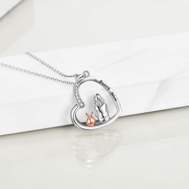 Sterling Silver Two-tone Round Zircon Rabbit Pendant Necklace with Engraved Word-3
