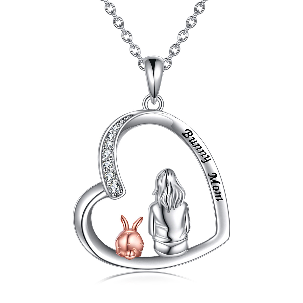Sterling Silver Two-tone Round Zircon Rabbit Pendant Necklace with Engraved Word-1