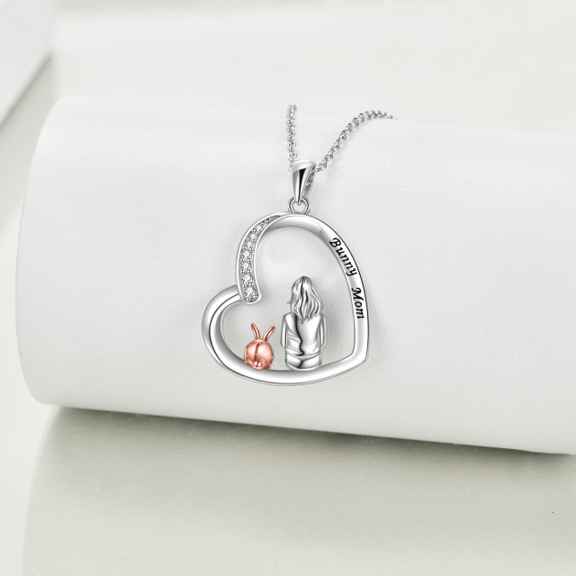 Sterling Silver Two-tone Round Zircon Rabbit Pendant Necklace with Engraved Word-2