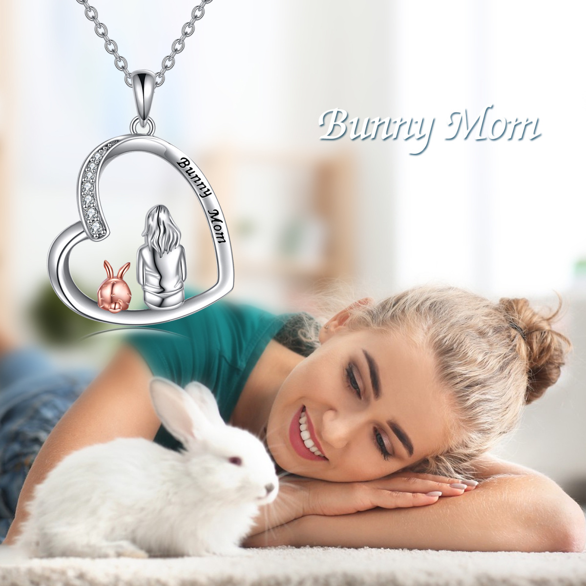 Sterling Silver Two-tone Round Zircon Rabbit Pendant Necklace with Engraved Word-6