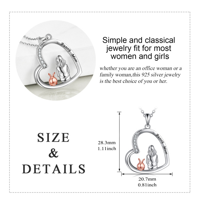 Sterling Silver Two-tone Round Zircon Rabbit Pendant Necklace with Engraved Word-4