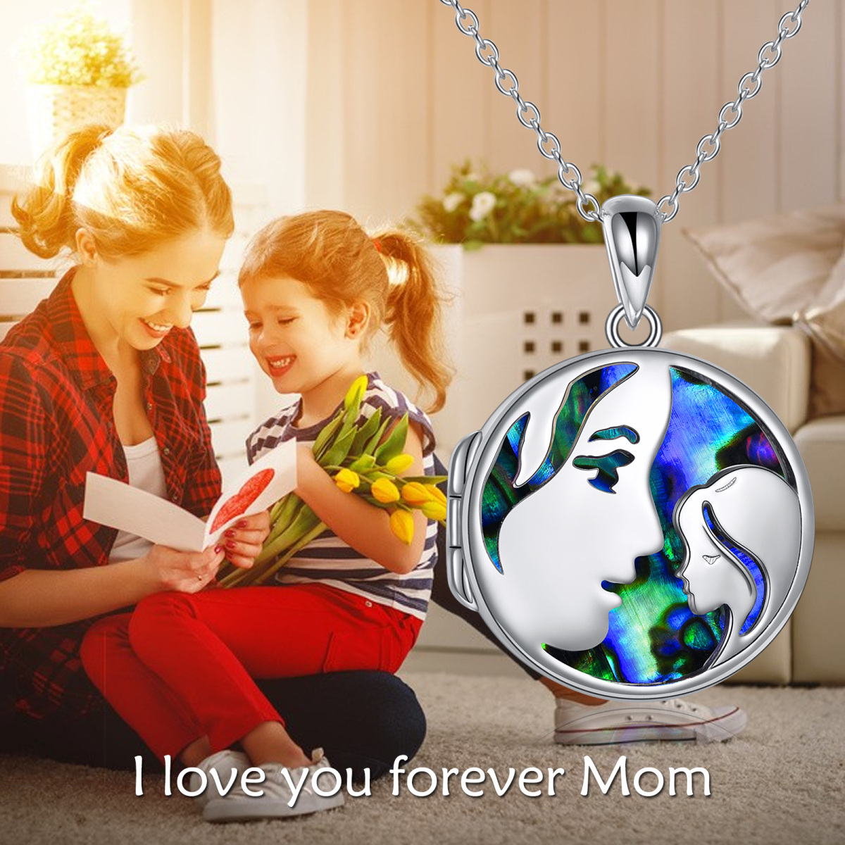 Plata de ley en forma circular Abalone Shellfish Madre e Hija Personalizada Foto Locket Co-6