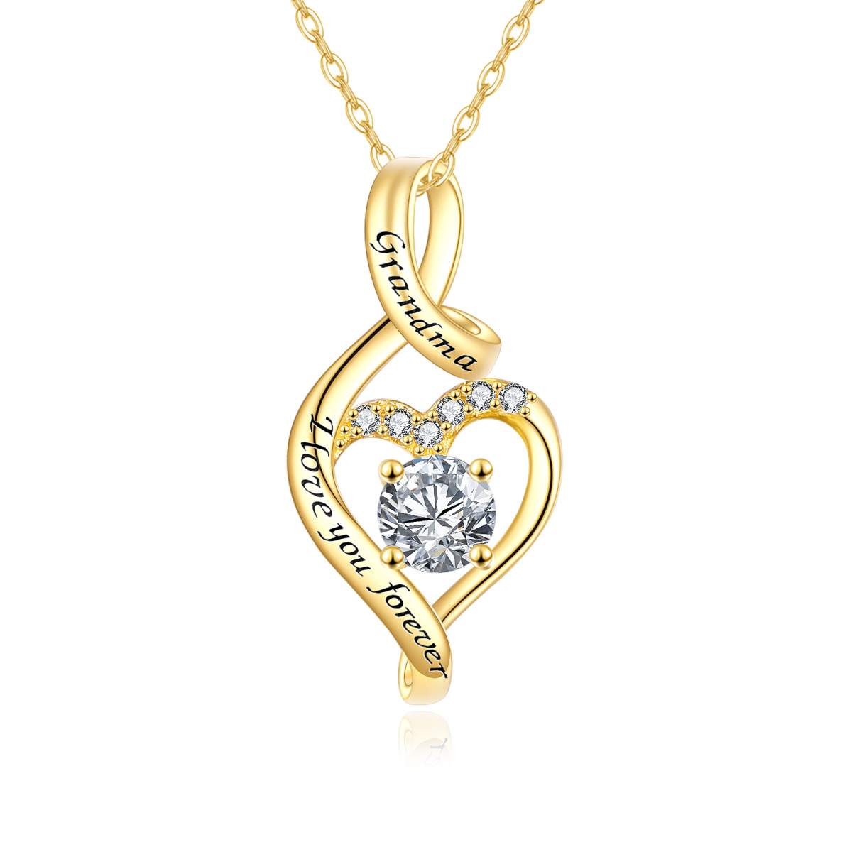 14K Gold Circular Shaped Cubic Zirconia Heart & Infinity Symbol Pendant Necklace with Engraved Word-1