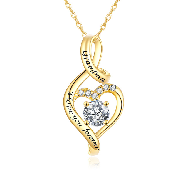 14K Gold Circular Shaped Cubic Zirconia Heart & Infinity Symbol Pendant Necklace with Engraved Word-0