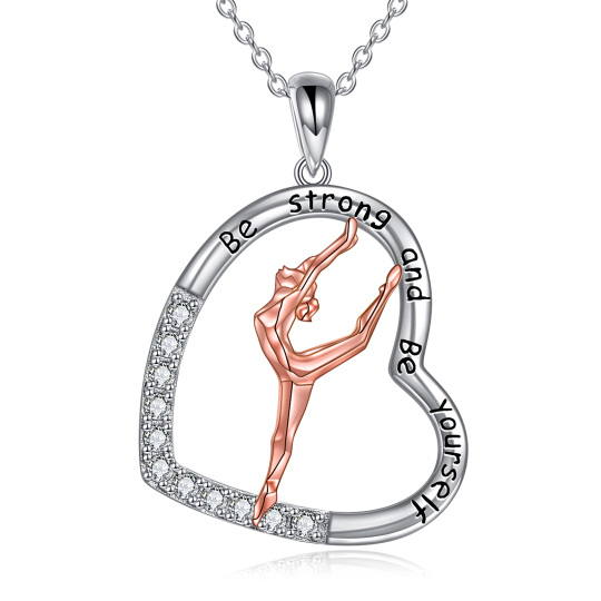 Collana bicolore in argento sterling con ciondolo a cuore e ginnasta con zirconia cubica tonda e parola incisa