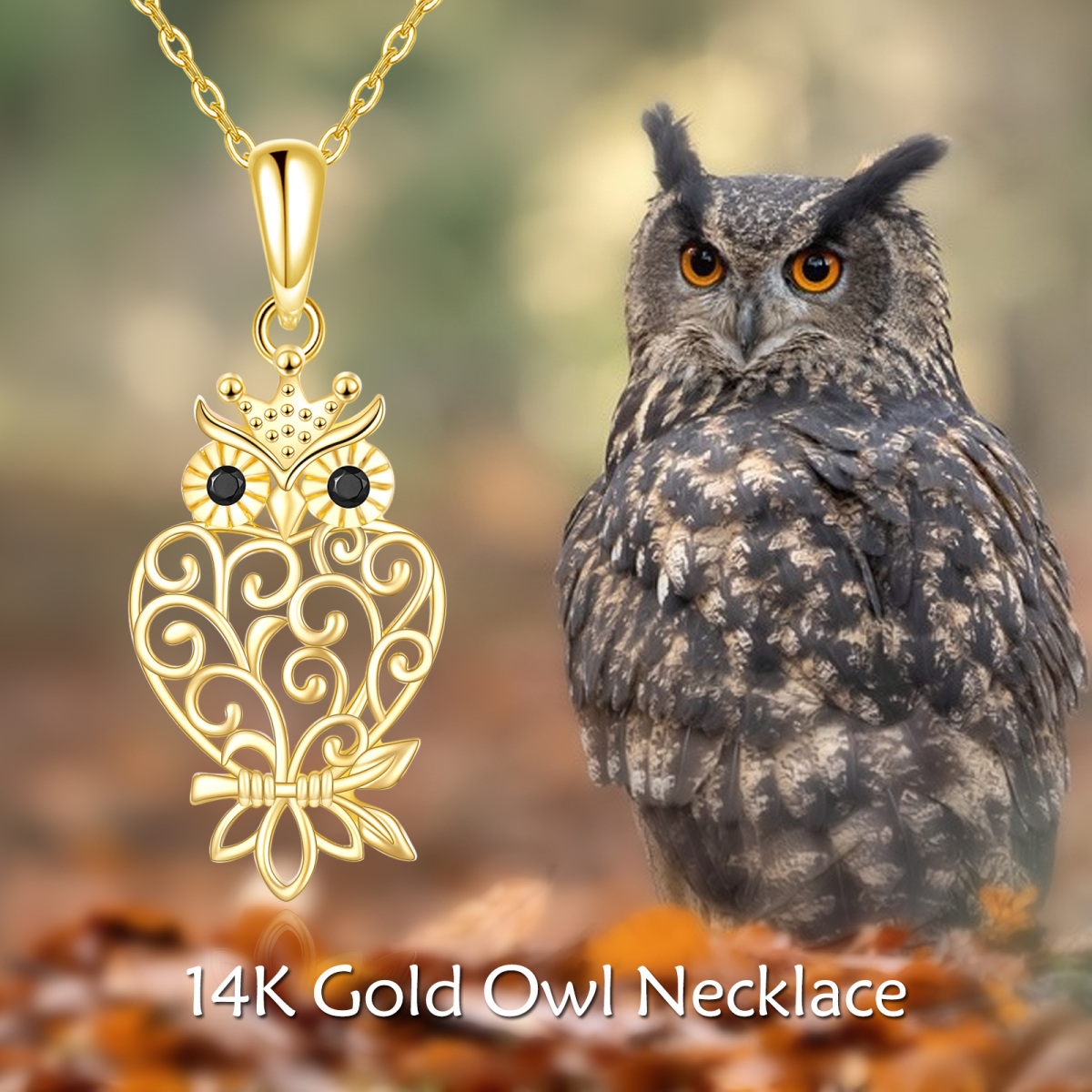 14K Gold Zircon Owl Pendant Necklace-6