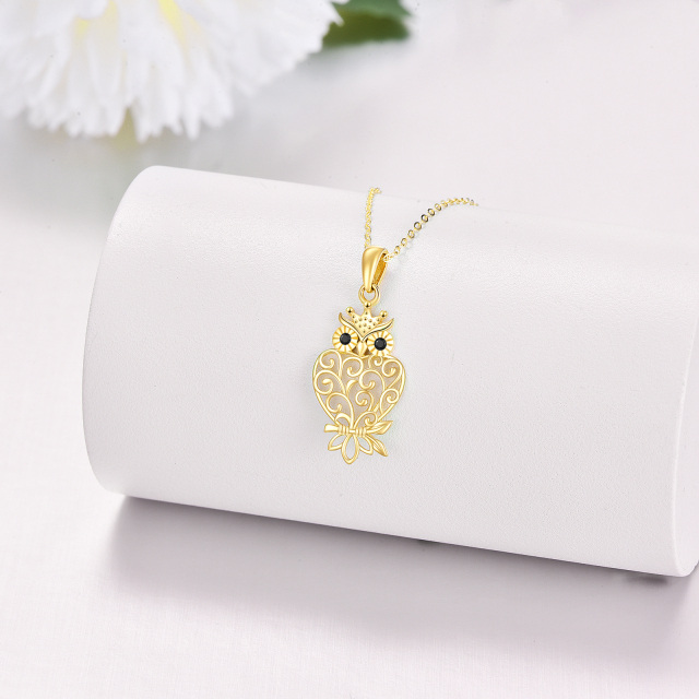 14K Gold Zircon Owl Pendant Necklace-3
