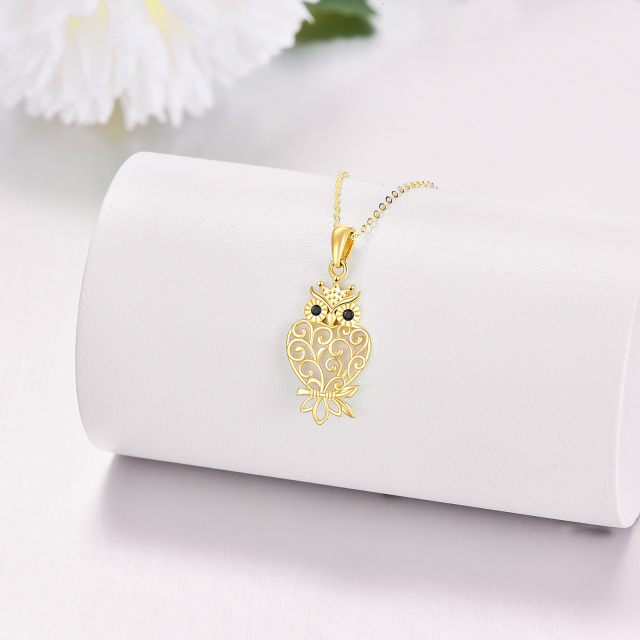 Colar com pingente de coruja de filigrana de zircão em ouro amarelo 14K para mulheres-3