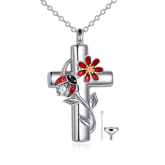 Sterling Silver Two-tone Circular Shaped Cubic Zirconia Ladybug & Cross Urn Necklace for Ashes with Engraved Word