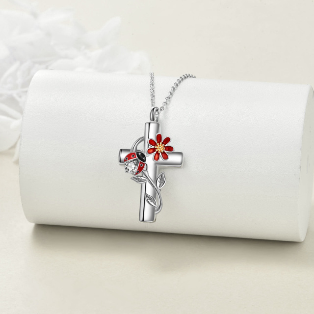 Collier en argent sterling bicolore avec coccinelle et croix en zircon cubique avec mot gr-3