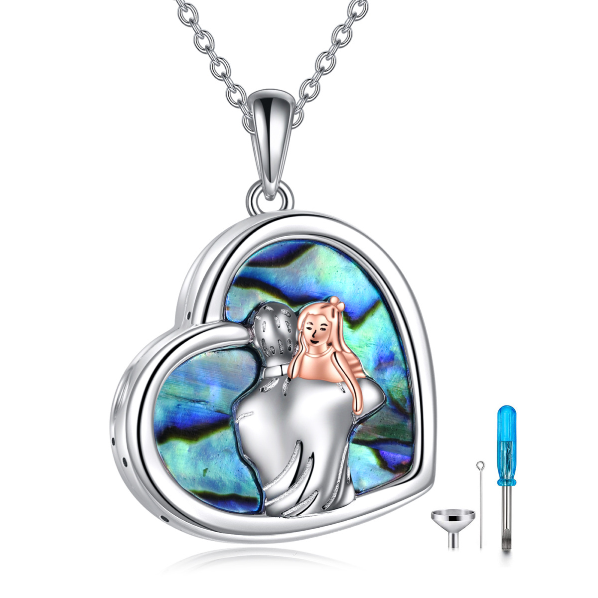 Sterling Silver Two-tone Abalone Shellfish Father & Daughter Urn Necklace for Ashes with Engraved Word-1