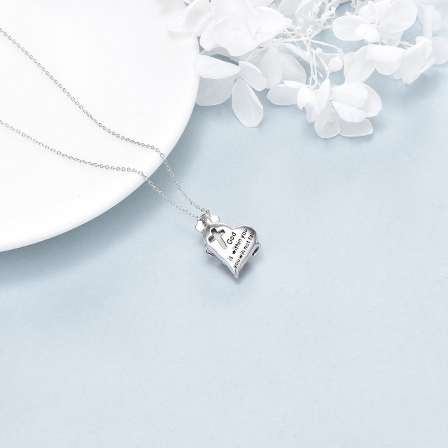 Sterling Silver Two-tone Crystal Electrocardiogram & Heart Pendant Necklace with Engraved Word-3