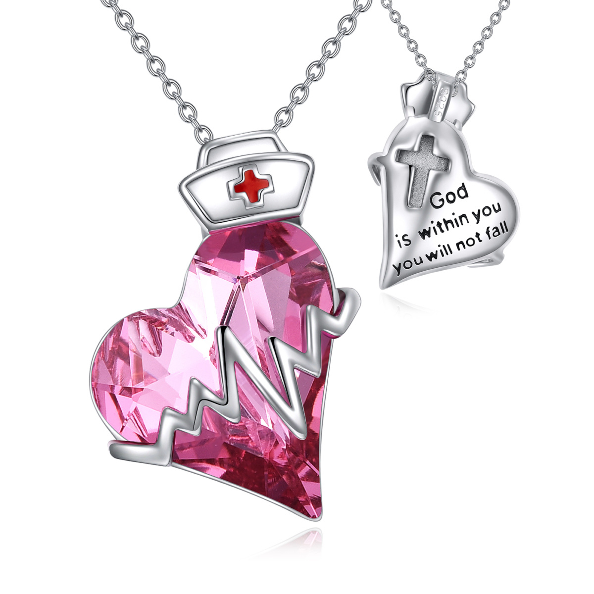 Sterling Silver Two-tone Crystal Electrocardiogram & Heart Pendant Necklace with Engraved Word-1