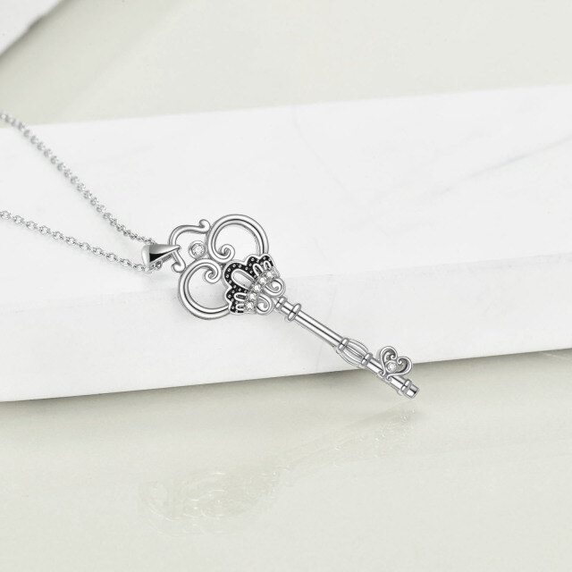 Sterling Silver Circular Shaped Cubic Zirconia Heart & Key Pendant Necklace-3