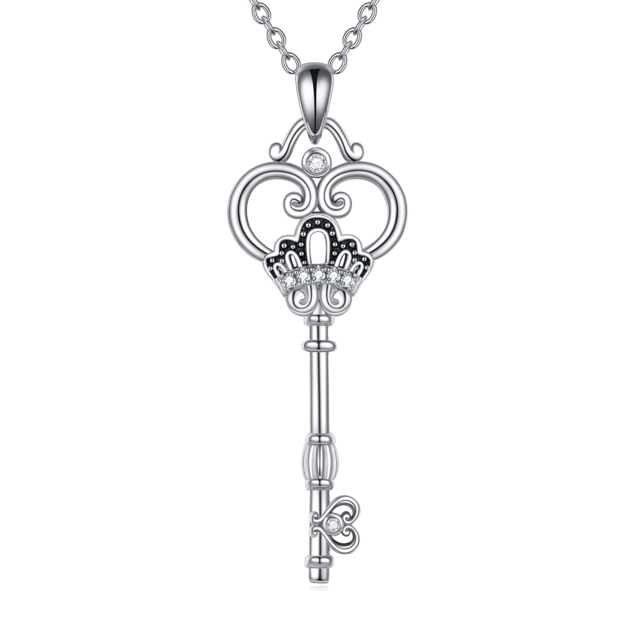 Collar de plata de ley con forma circular de circonita, corazón y llave-1