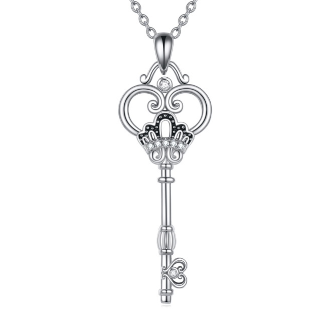 Sterling Silber kreisförmig Cubic Zirkonia Herz & Schlüssel Anhänger Halskette-0
