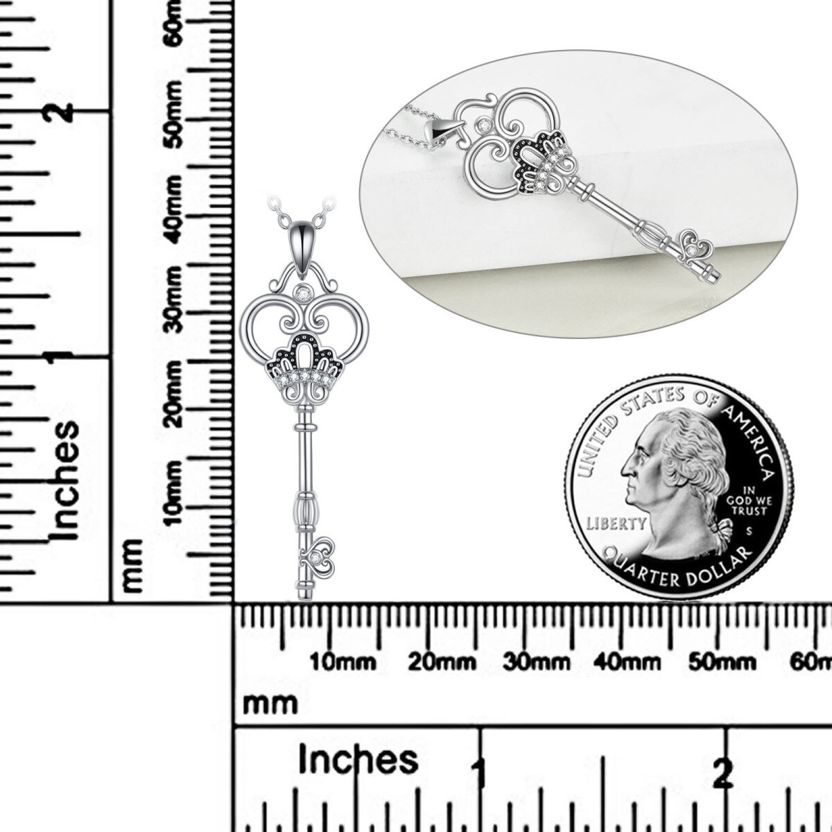 Sterling Silber kreisförmig Cubic Zirkonia Herz & Schlüssel Anhänger Halskette-5