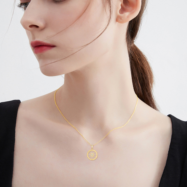 14K Gold Cubic Zirconia Diamond Cut Compass & Sun Pendant Necklace-1