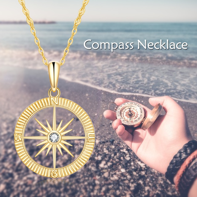 14K Gold Cubic Zirconia Diamond Cut Compass & Sun Pendant Necklace-4
