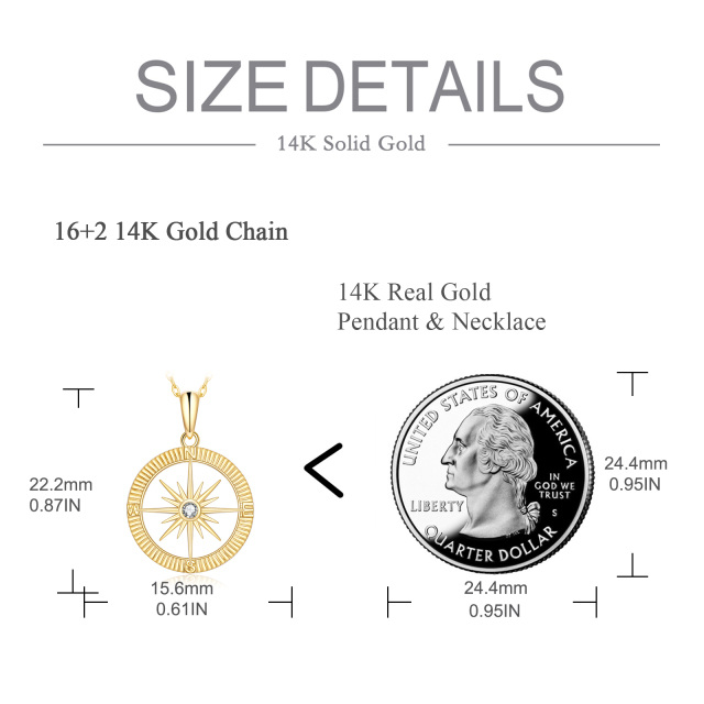 14K Gold Cubic Zirconia Diamond Cut Compass & Sun Pendant Necklace-5
