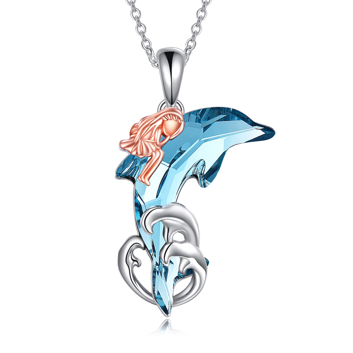 Sterling Silver Two-tone Dolphin & Spray Crystal Pendant Necklace-1