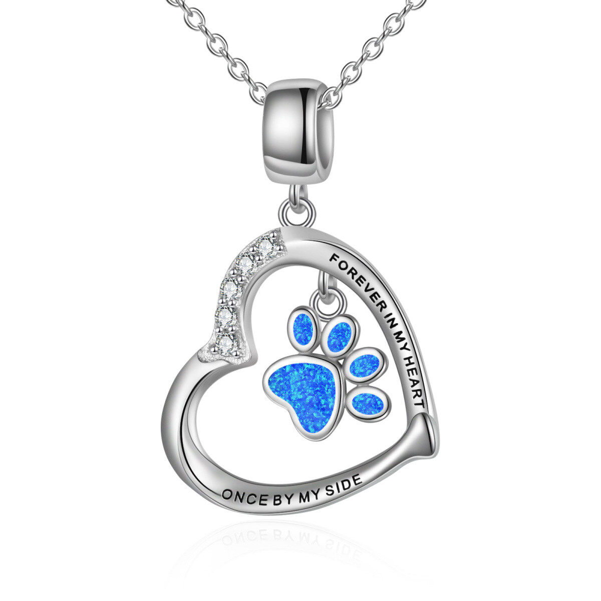 Sterling Silver Cubic Zirconia & Opal Paw & Heart Pendant Necklace with Engraved Word-1