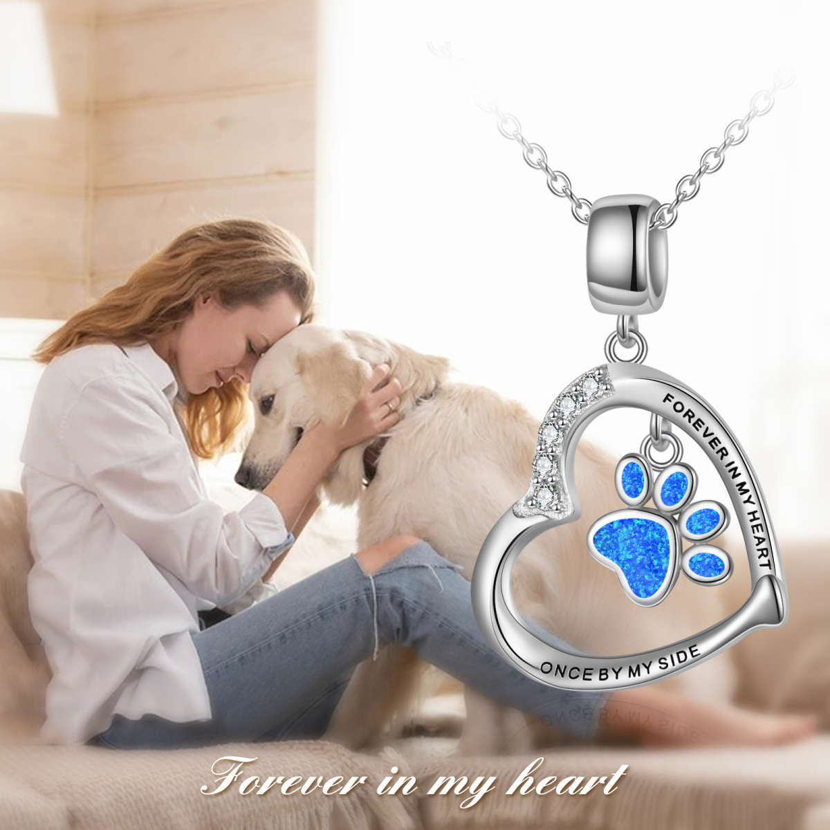 Sterling Silver Cubic Zirconia & Opal Paw & Heart Pendant Necklace with Engraved Word-6