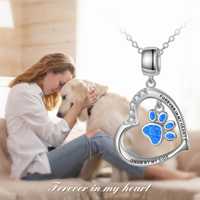 Sterling Silver Cubic Zirconia & Opal Paw & Heart Pendant Necklace with Engraved Word-5