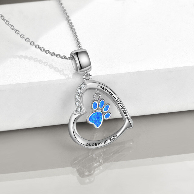 Sterling Silver Cubic Zirconia & Opal Paw & Heart Pendant Necklace with Engraved Word-2