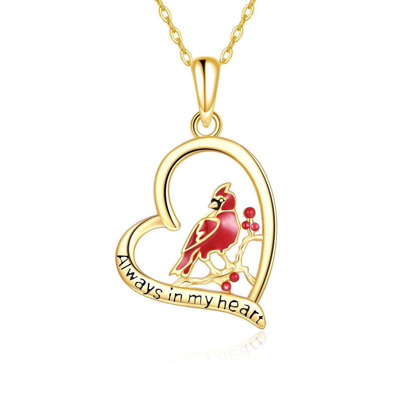 14K Gold Cardinal & Heart Pendant Necklace with Engraved Word