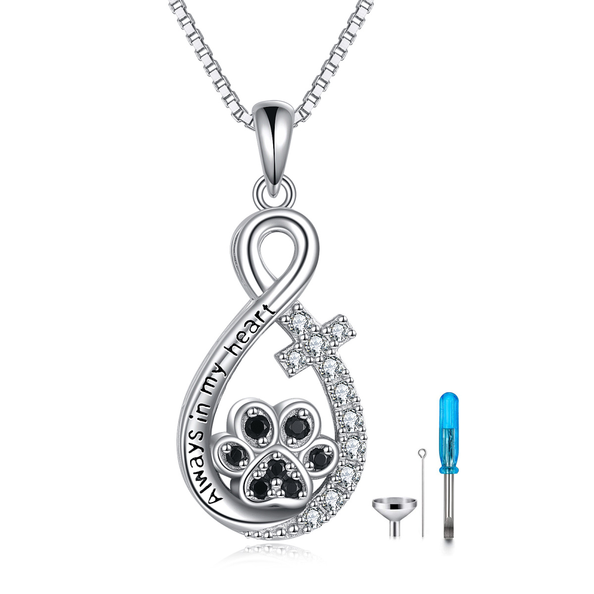 Sterling Silber Runde Cubic Zirkonia Pfote & Kreuz & Infinity Symbol Urne Halskette mit ei-1