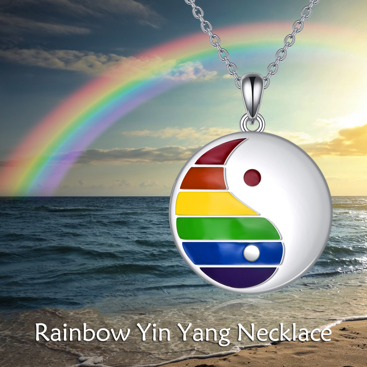 Sterling Silver Rainbow & Round Pendant Necklace-6