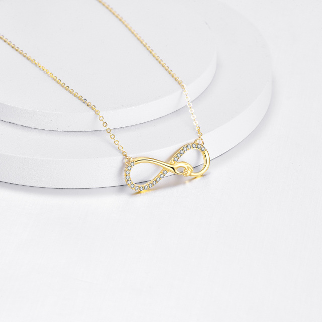 14K Gold Circular Shaped Cubic Zirconia Hold Hands & Infinity Symbol Pendant Necklace-2
