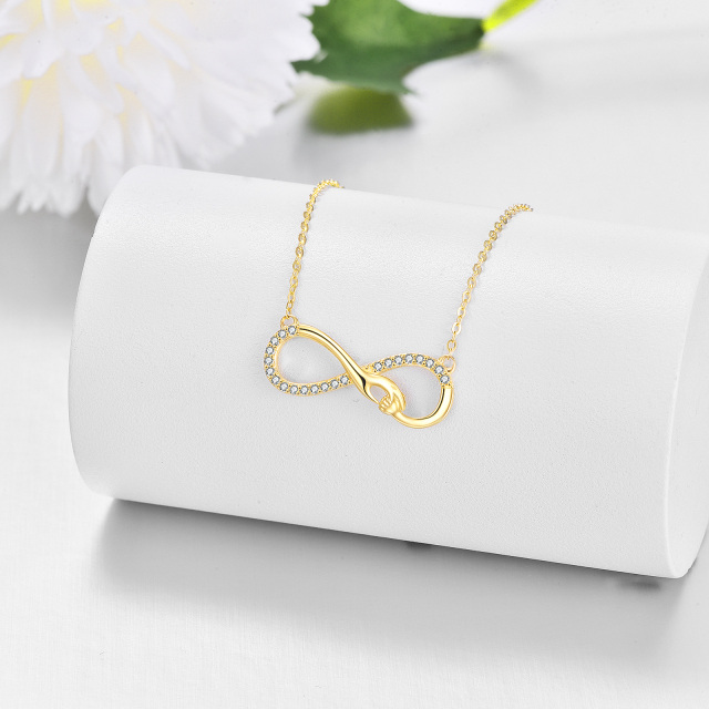 14K Gold Circular Shaped Cubic Zirconia Hold Hands & Infinity Symbol Pendant Necklace-3
