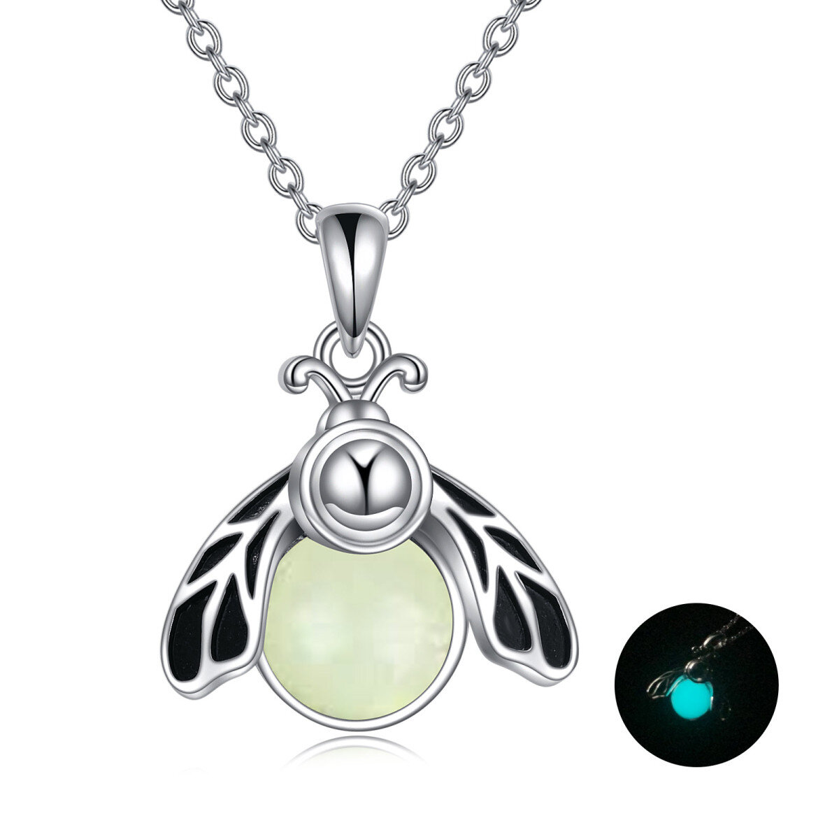 Sterling Silver Circular Shaped Luminous Stone Firefly Pendant Necklace-1