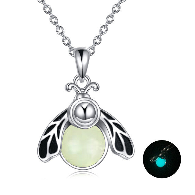 Sterling Silver Circular Shaped Luminous Stone Firefly Pendant Necklace-0