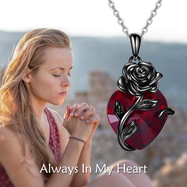 Collar de urna de plata de ley con corazón de rodio negro y rosa de cristal para cenizas-2